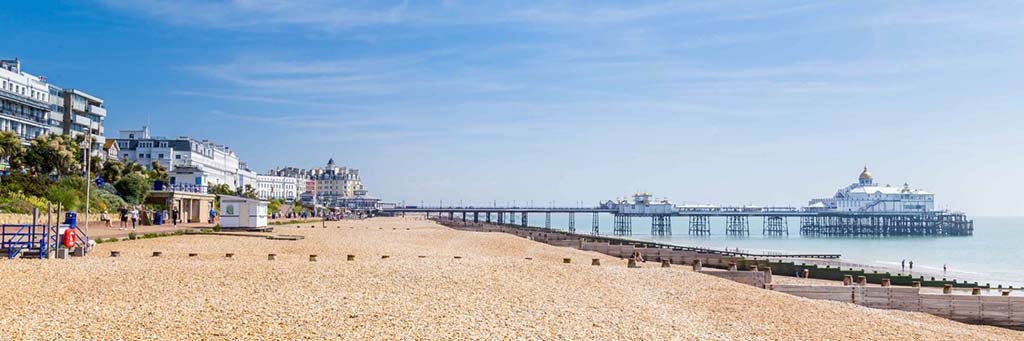 Panorama with pier and promenade in Eastbourne, Sussex, United Kingdom